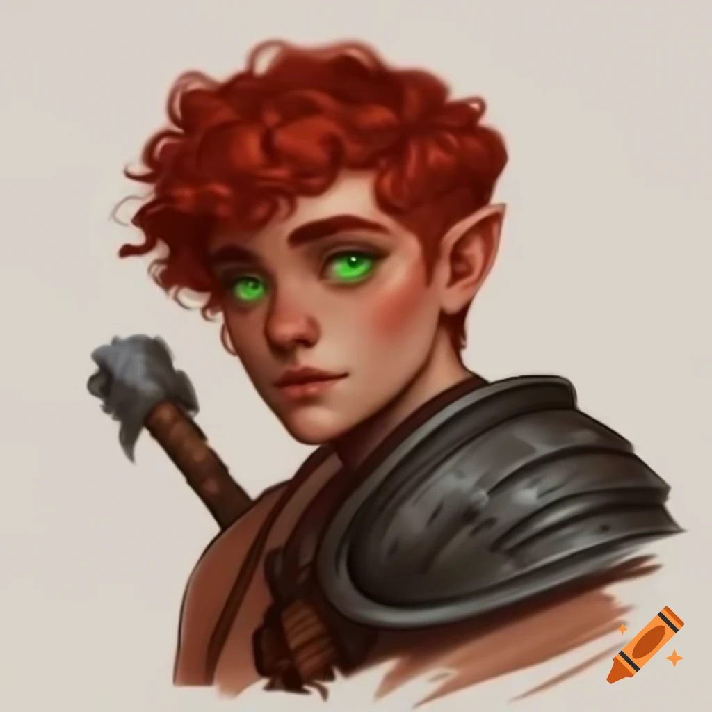 Fantasy sketch of transgender ftm dwarf barbarian with green eyes and battle axe
