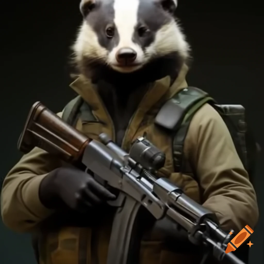 Badger in tech wear holding an AK-47