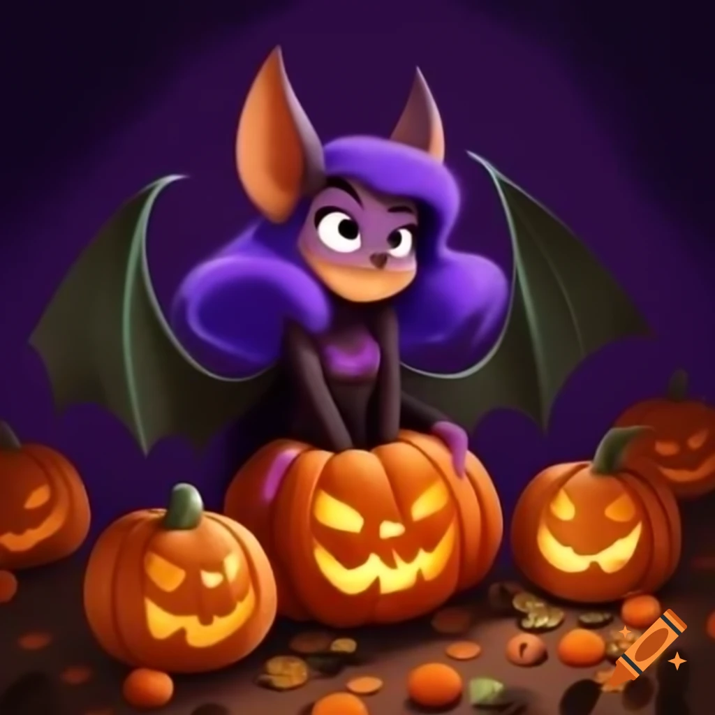 Female bat with colorful hair picking a pumpkin in a Halloween patch