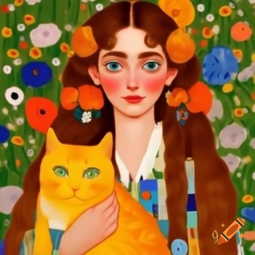 woman-in-colorful-dress-holding-yellow-long-haired-cat-with-flowers