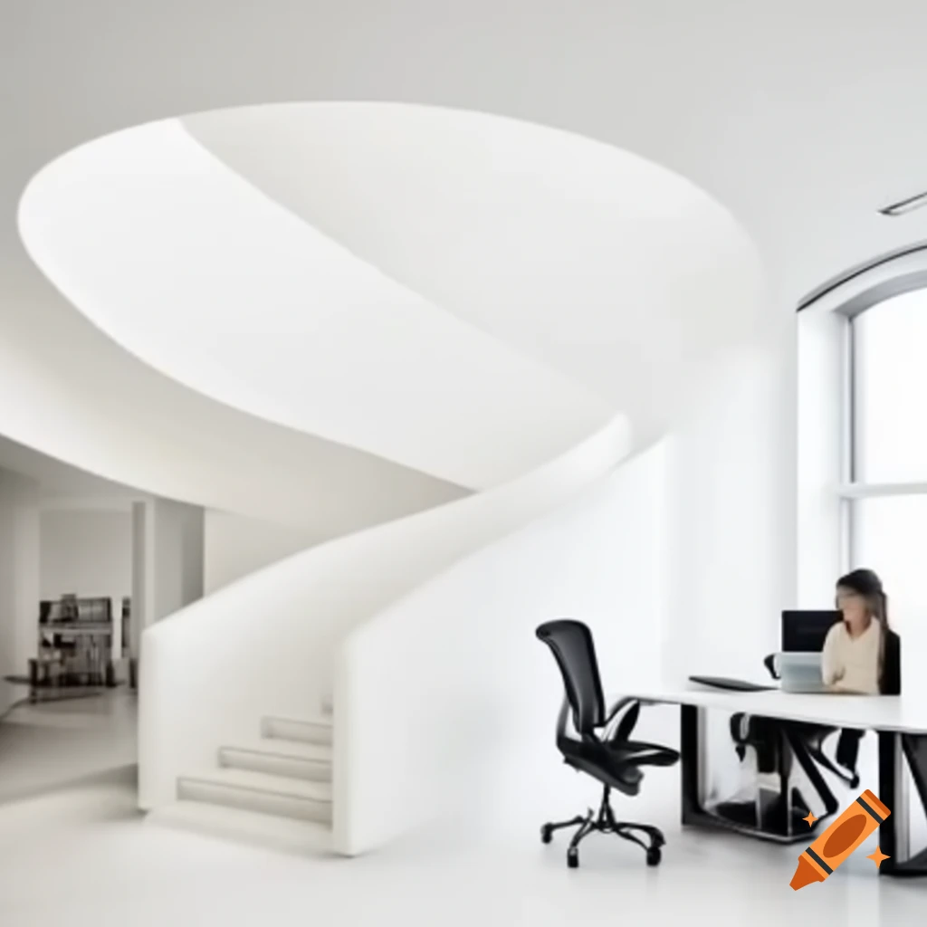 Elegant office interior with all-white architecture and curvy white elements