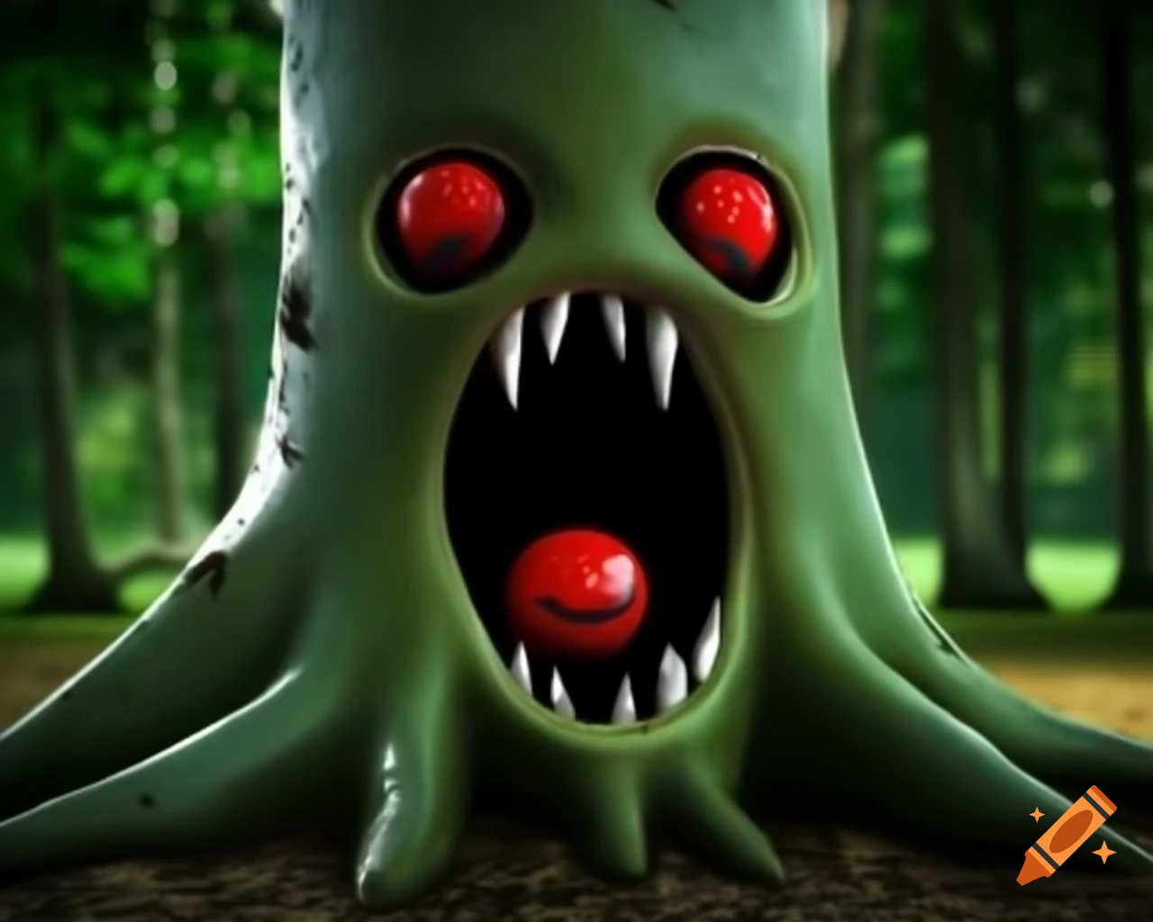 3D CGI anime fantasy artwork of a human face made of tree bark with a creepy expression