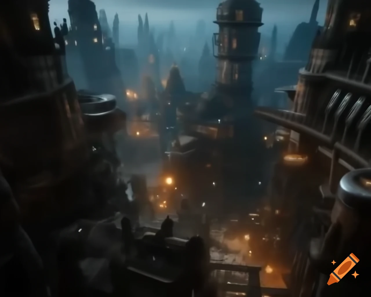 Alternate history cityscape with skyscrapers of rusted metal and intricate clockwork