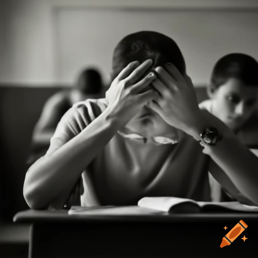 Boy looking worried in classroom on craiyon