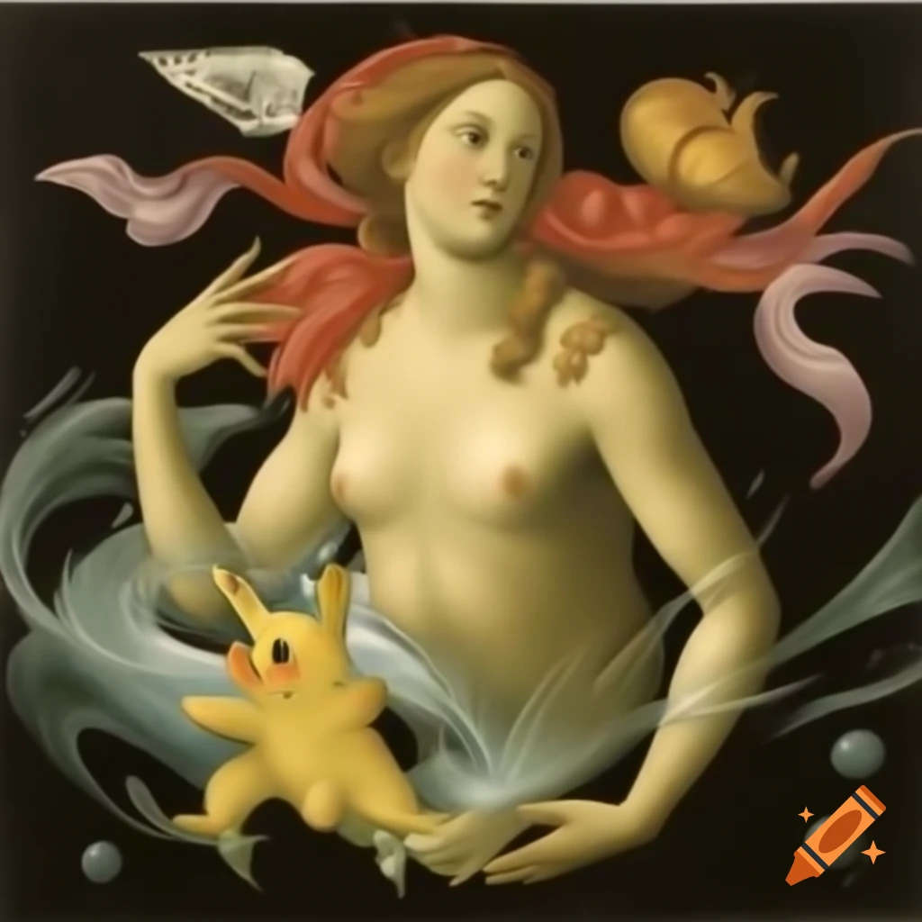 Radiant Pikachu in electric sea, inspired by Botticelli's Birth of Venus