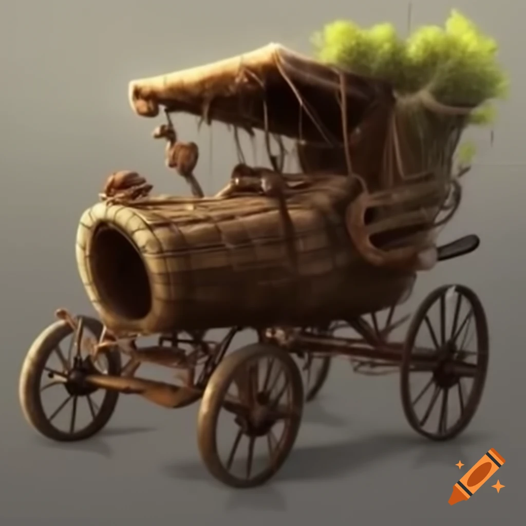 Steampunk buggy crafted from branches, straw, and copper pipes