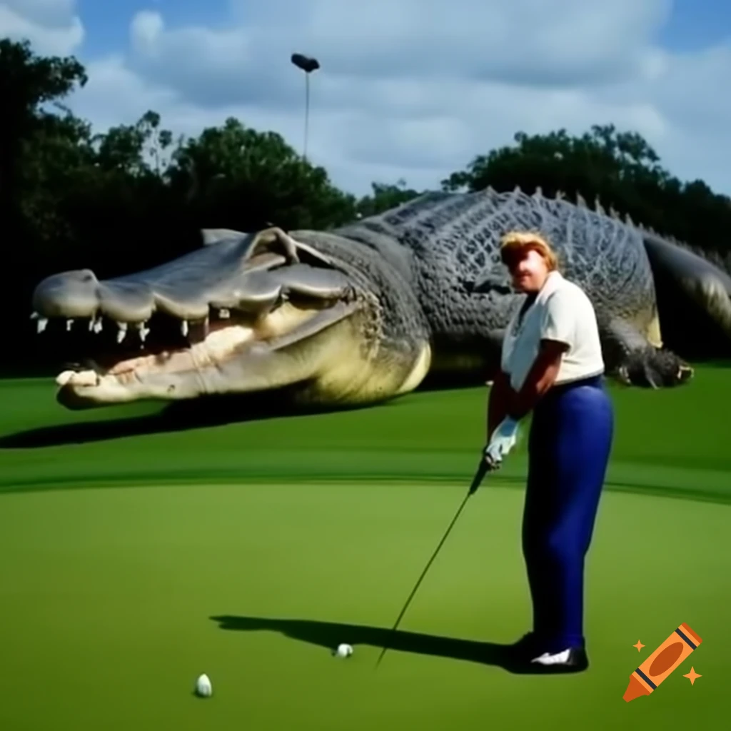 Satirical photorealistic portrait of Trump golfing while being chased by an alligator