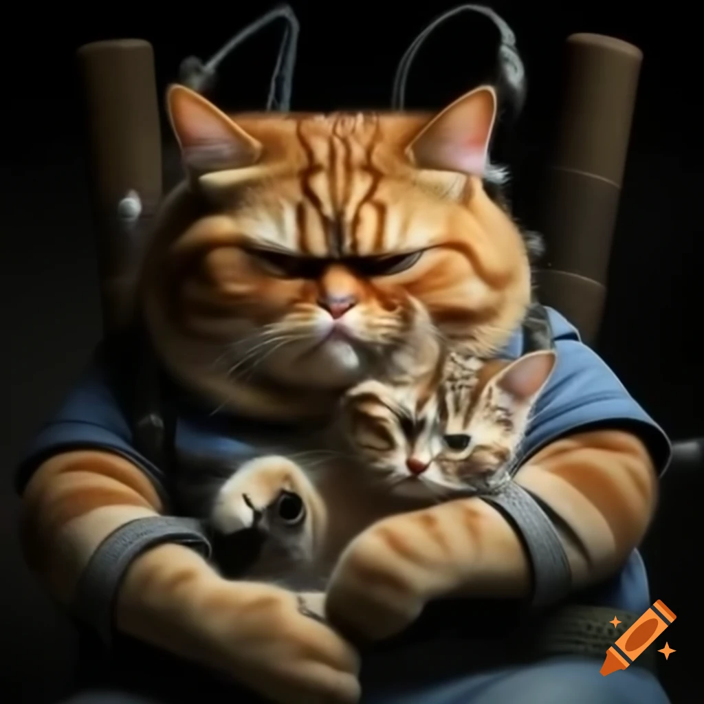 Red-haired chubby cat in clothes holding crying kitten with blue tears