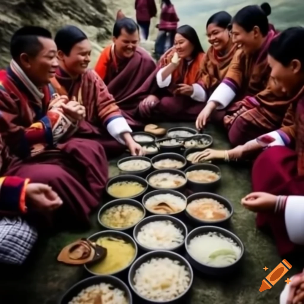 Bhutanese people celebrating with traditional food wearing gho and kira