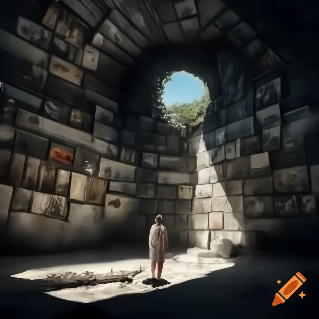 Man in Plato's cave with wall covered in AI art instead of shadows