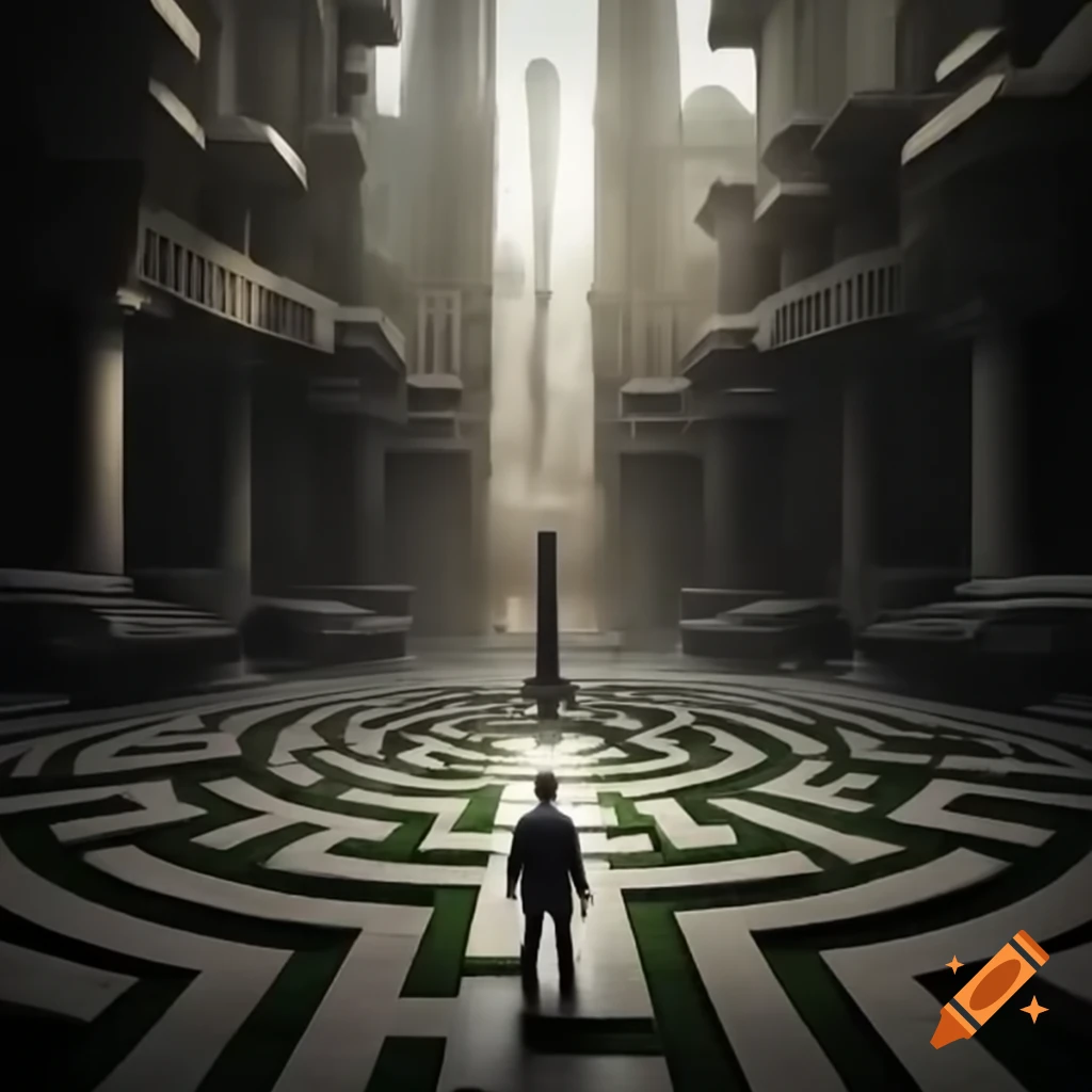 Man in a maze surrounded by towering pillars