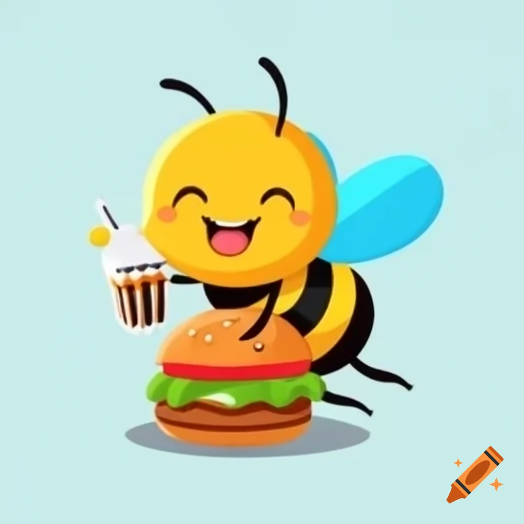 Happy bee enjoying burger and coffee against a pleasant backdrop
