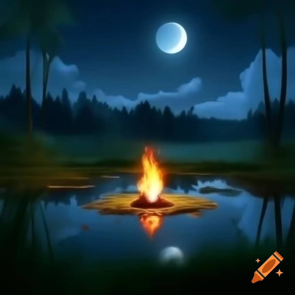 Moonlit pond featuring a flame