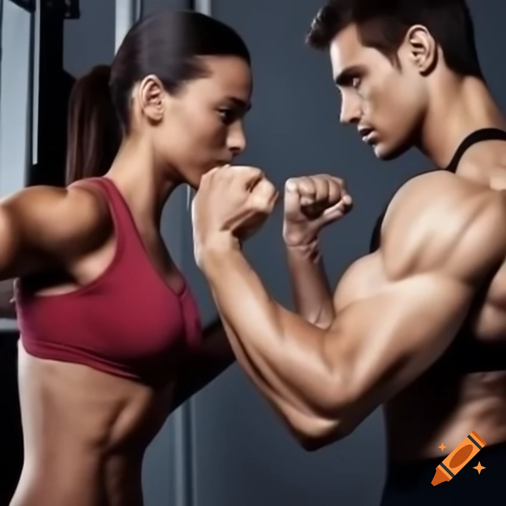 Woman holding onto man's bicep, close-up