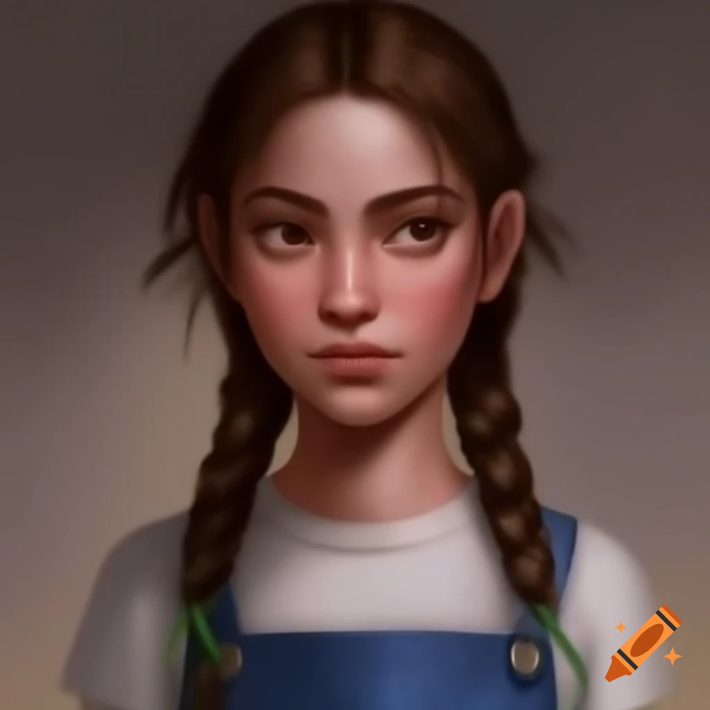 Young woman with braided updo wearing greenish blue dungaree dress