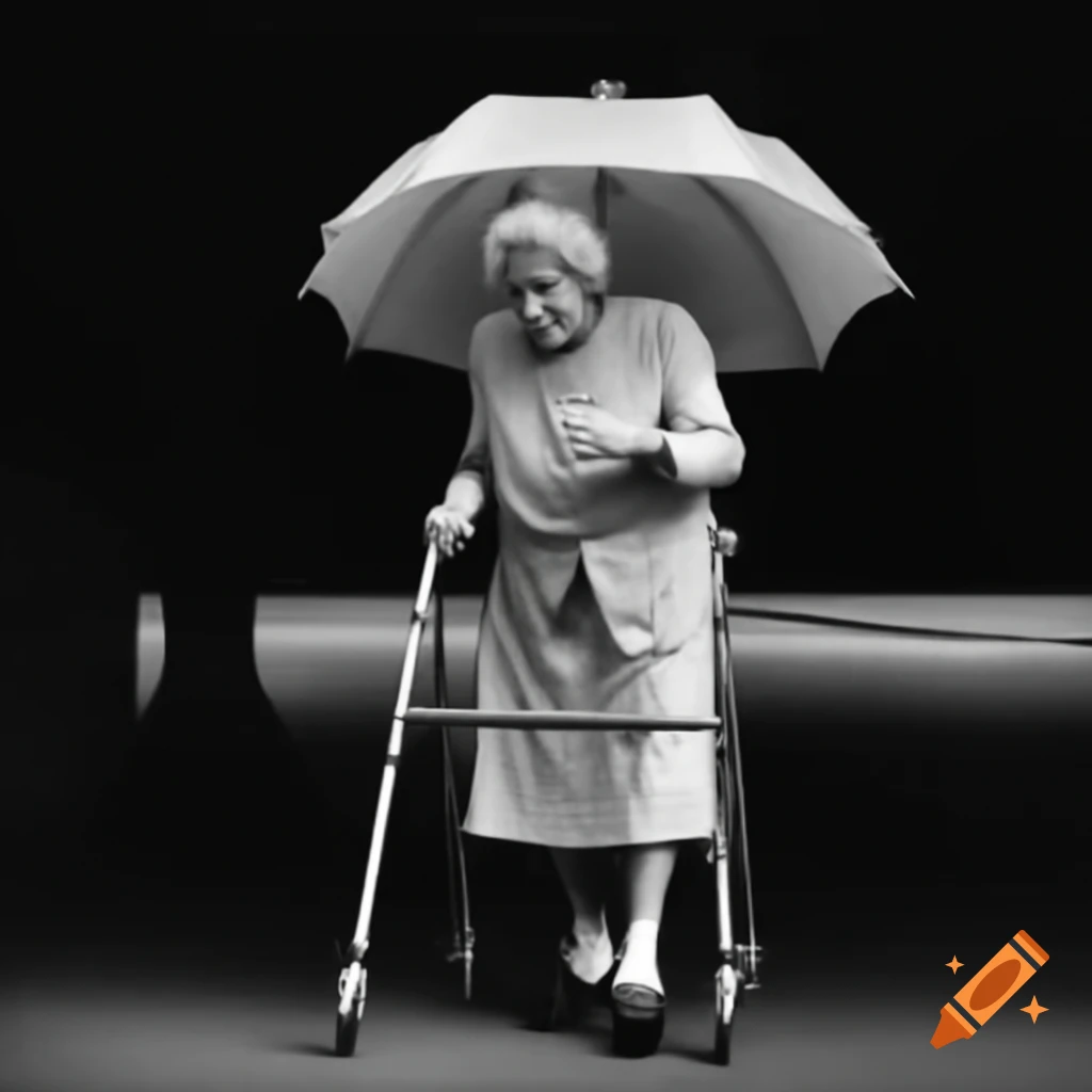 Elderly woman using walker with mannequin arm holding umbrella