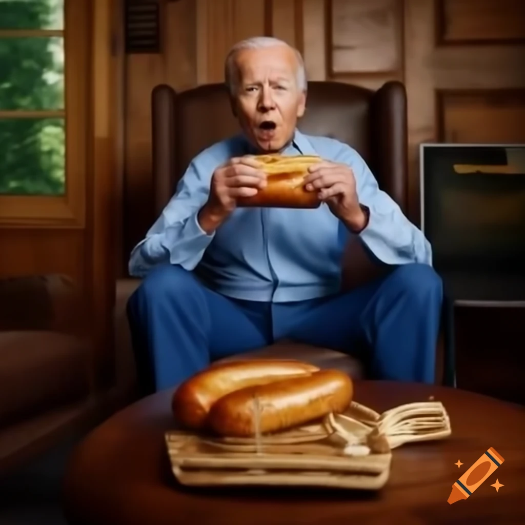 Joe Biden eating a sausage roll in a cabin