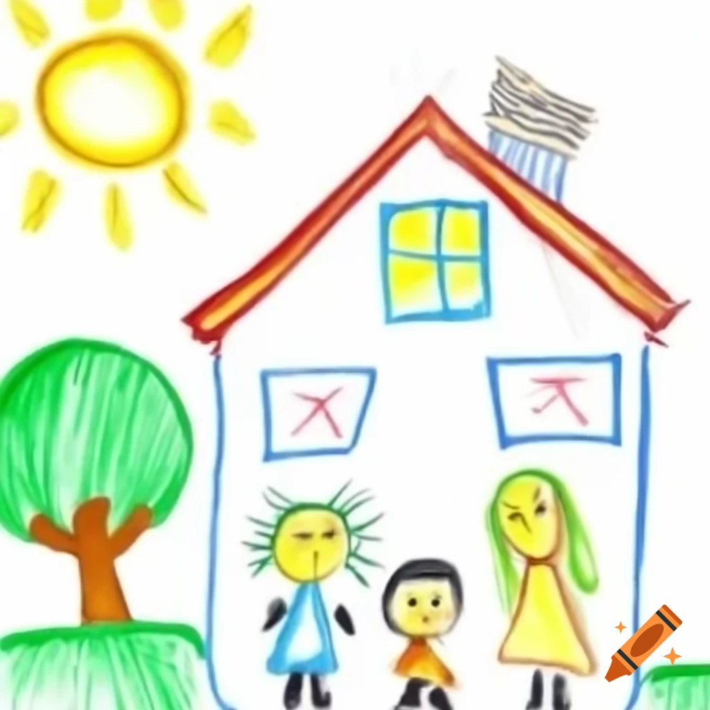 Children's drawing of house with sun, tree, and unhappy family