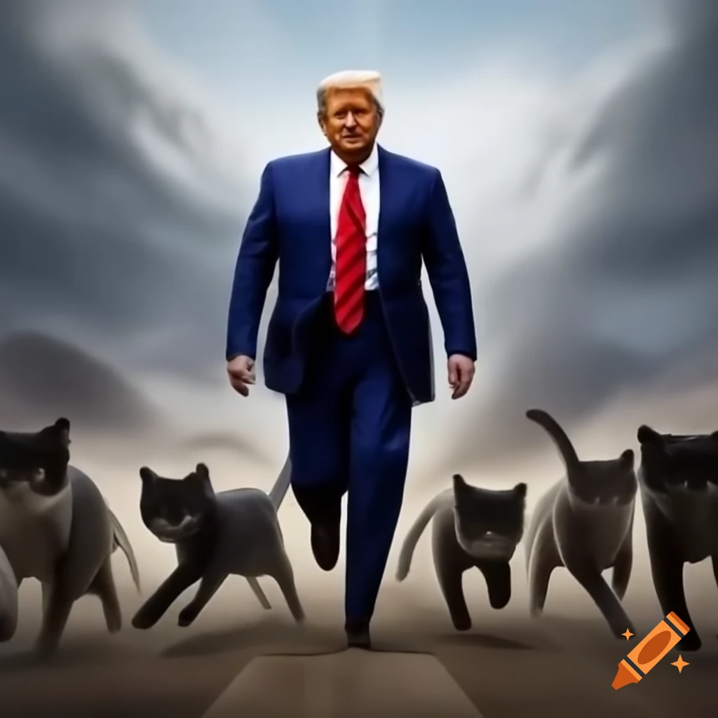 Cartoon scene of Donald Trump with cats in a humorous chase