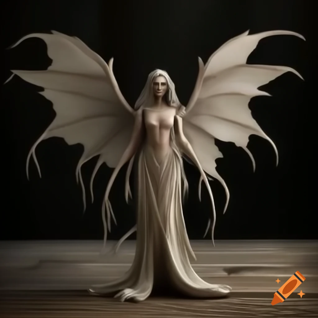 Wooden mythical creature resembling a woman with wings and flowing fabric looking towards horizon