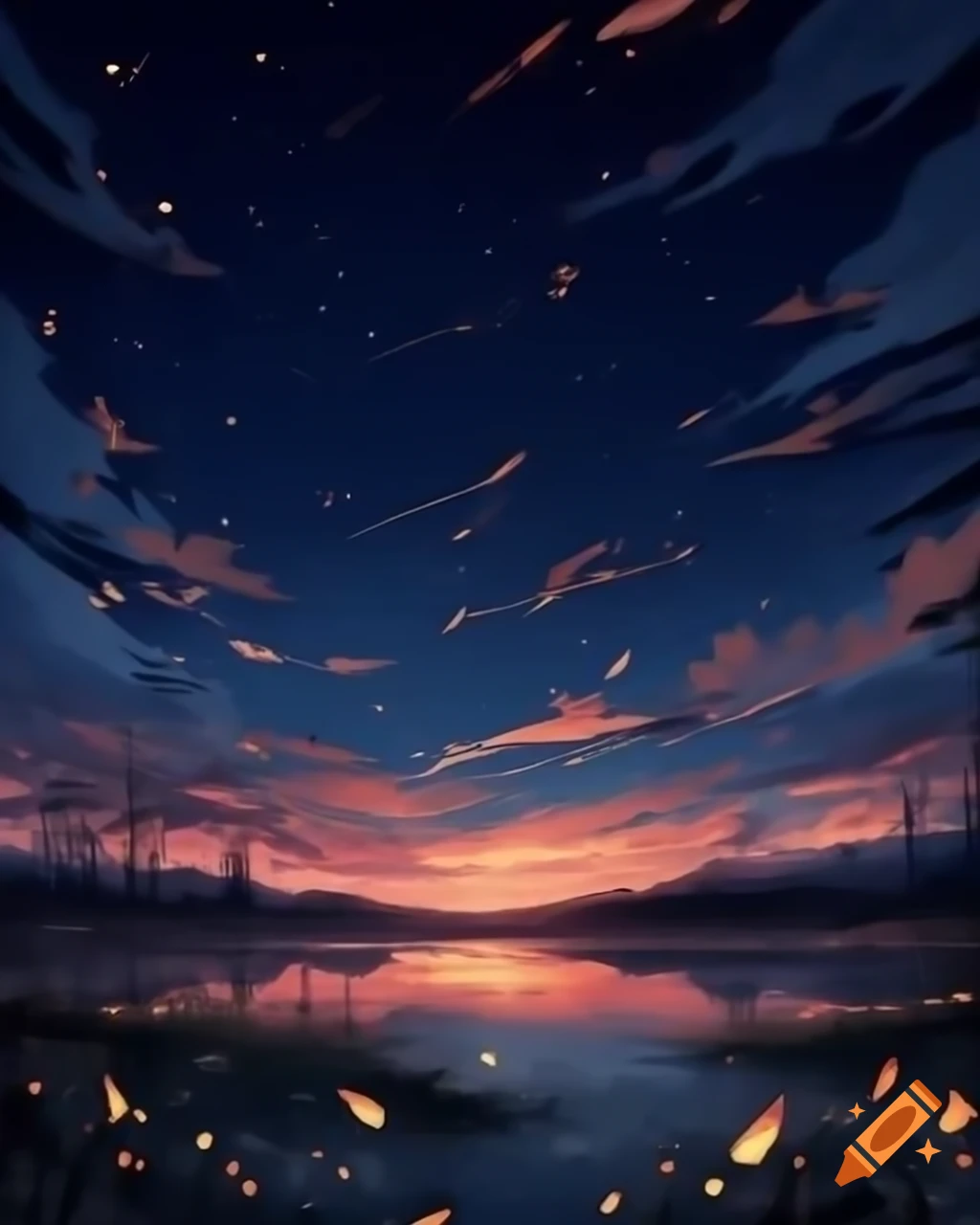 Night sky with glowing fireflies and delicate trails, fine ink lines and light watercolor