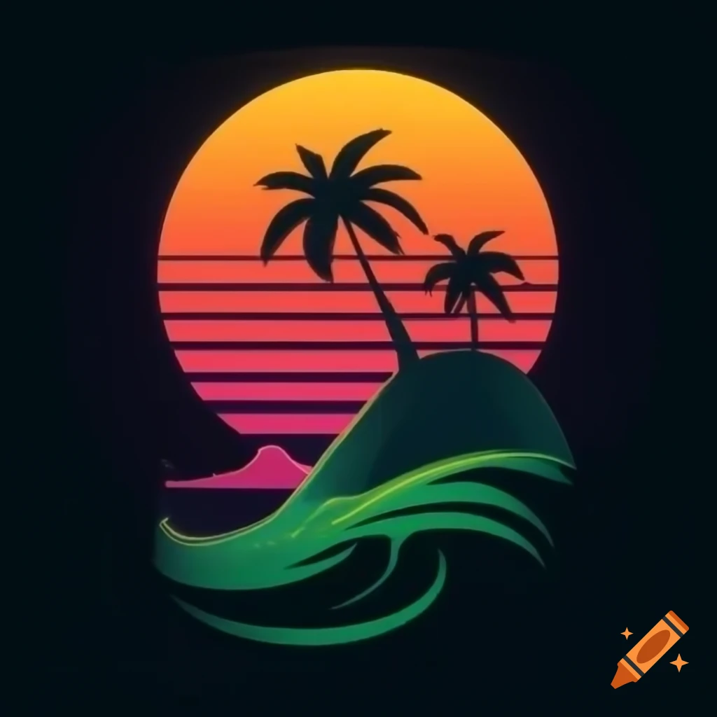 Circular logo featuring sunset gradient with island silhouette and airplane