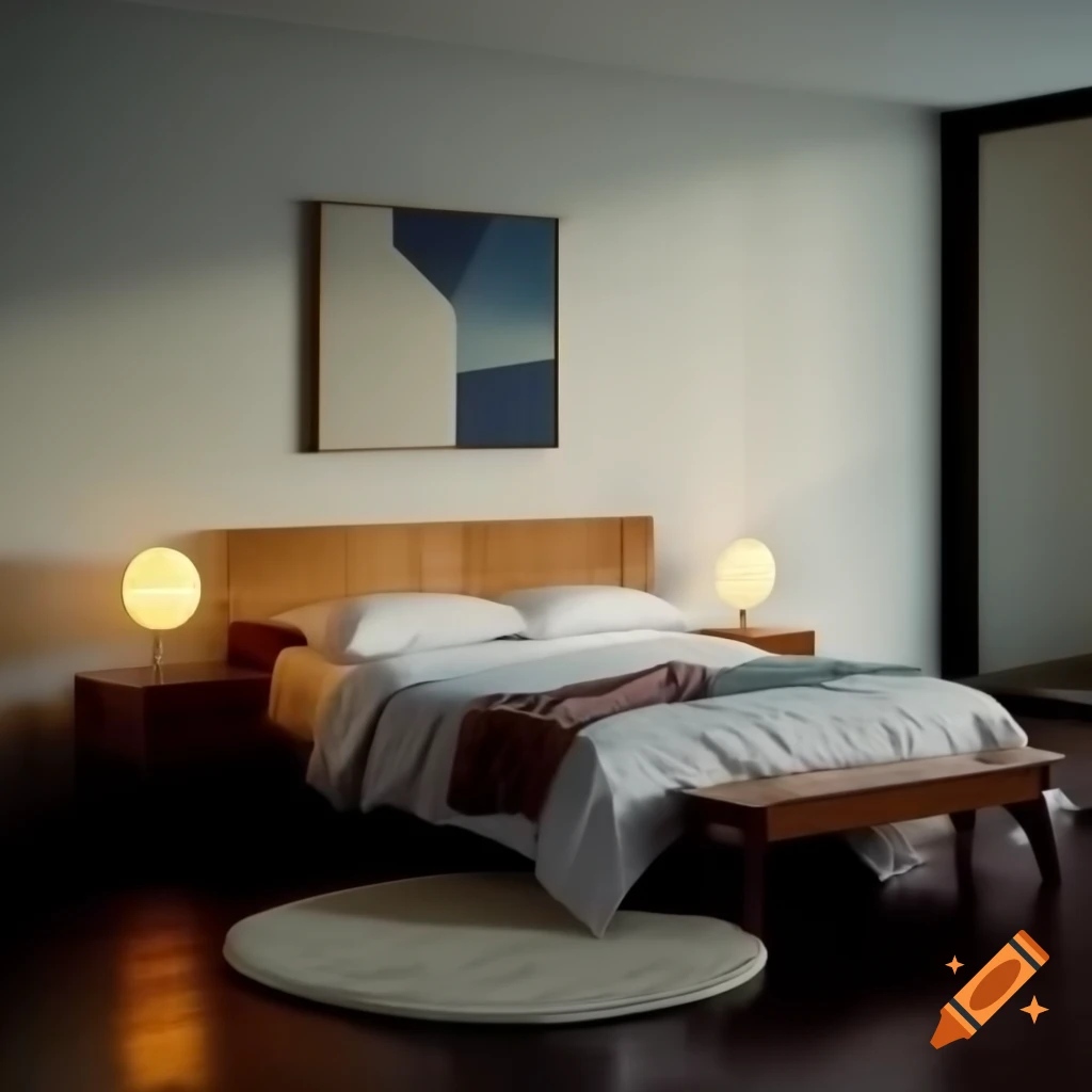 Simple bedroom design with wooden base, quilt, and large glass wall