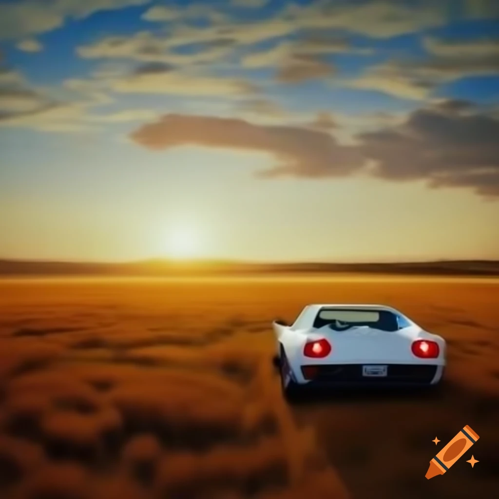 White Ferrari parked in tallgrass field at sunset with vibrant sky
