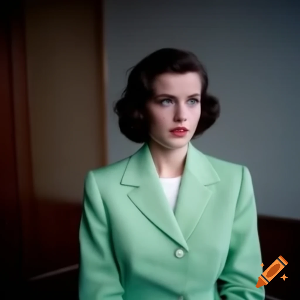 Nerdy woman in light green and white suit