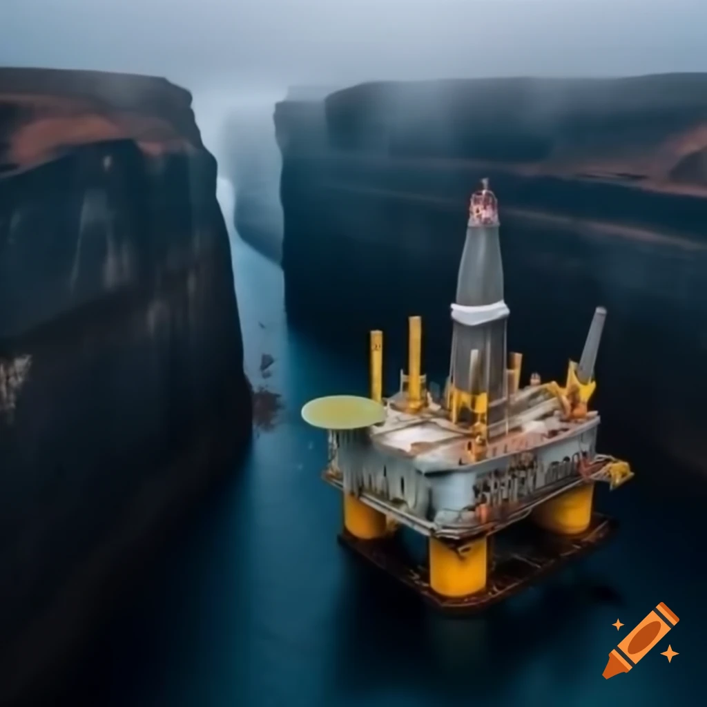 Oil rig situated in a foggy ravine