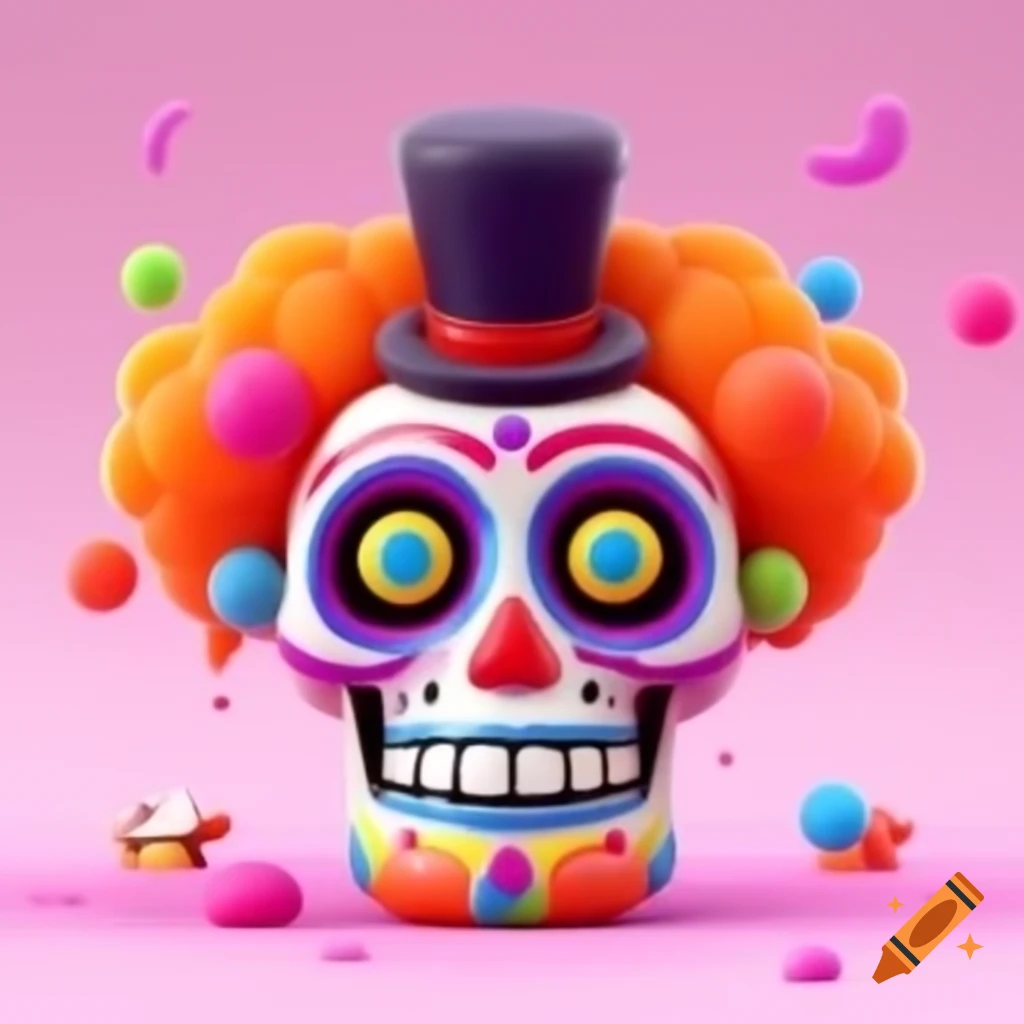 Colorful Día de Muertos sugar skull with clown features