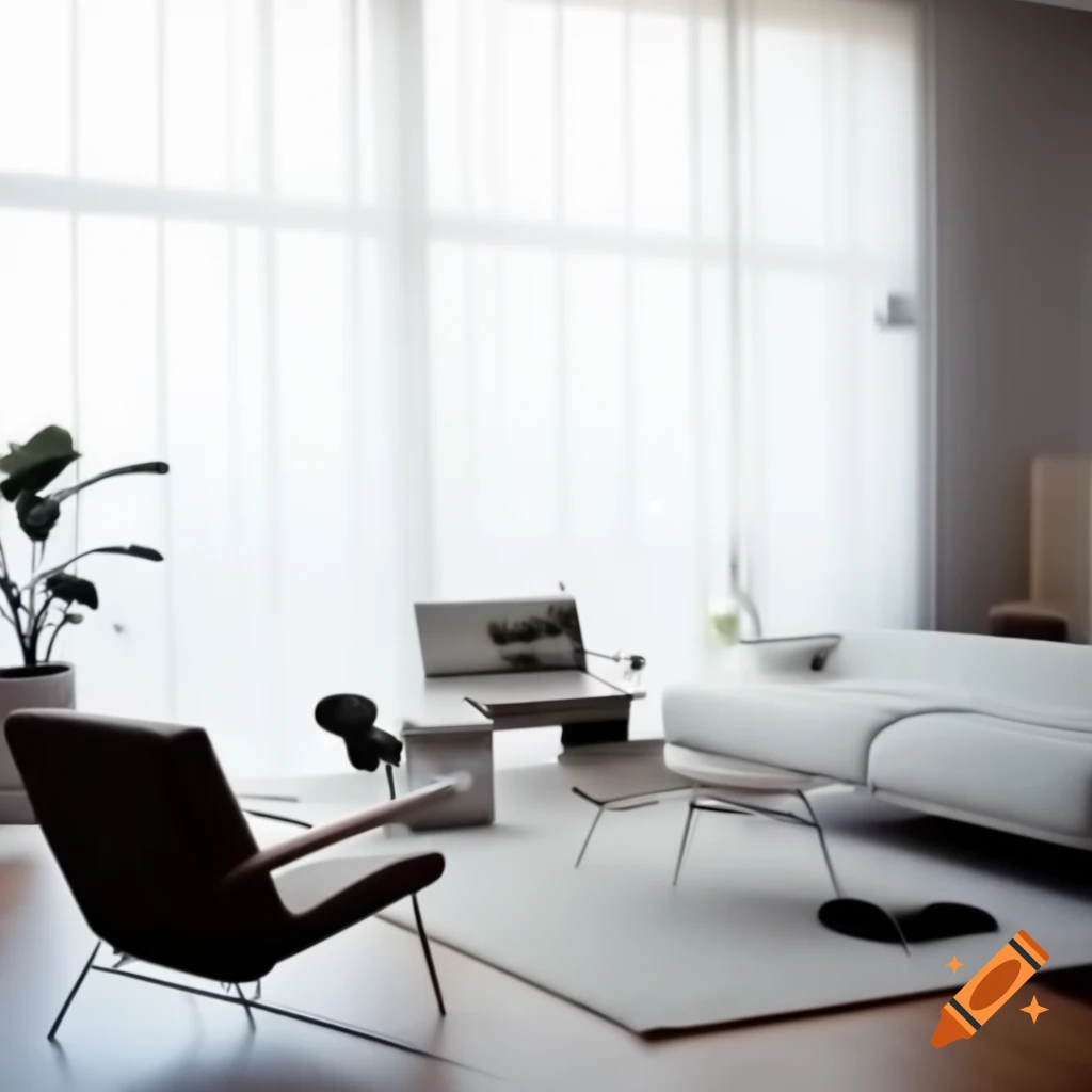 Modern living room with minimalistic furniture and air-purifying cube