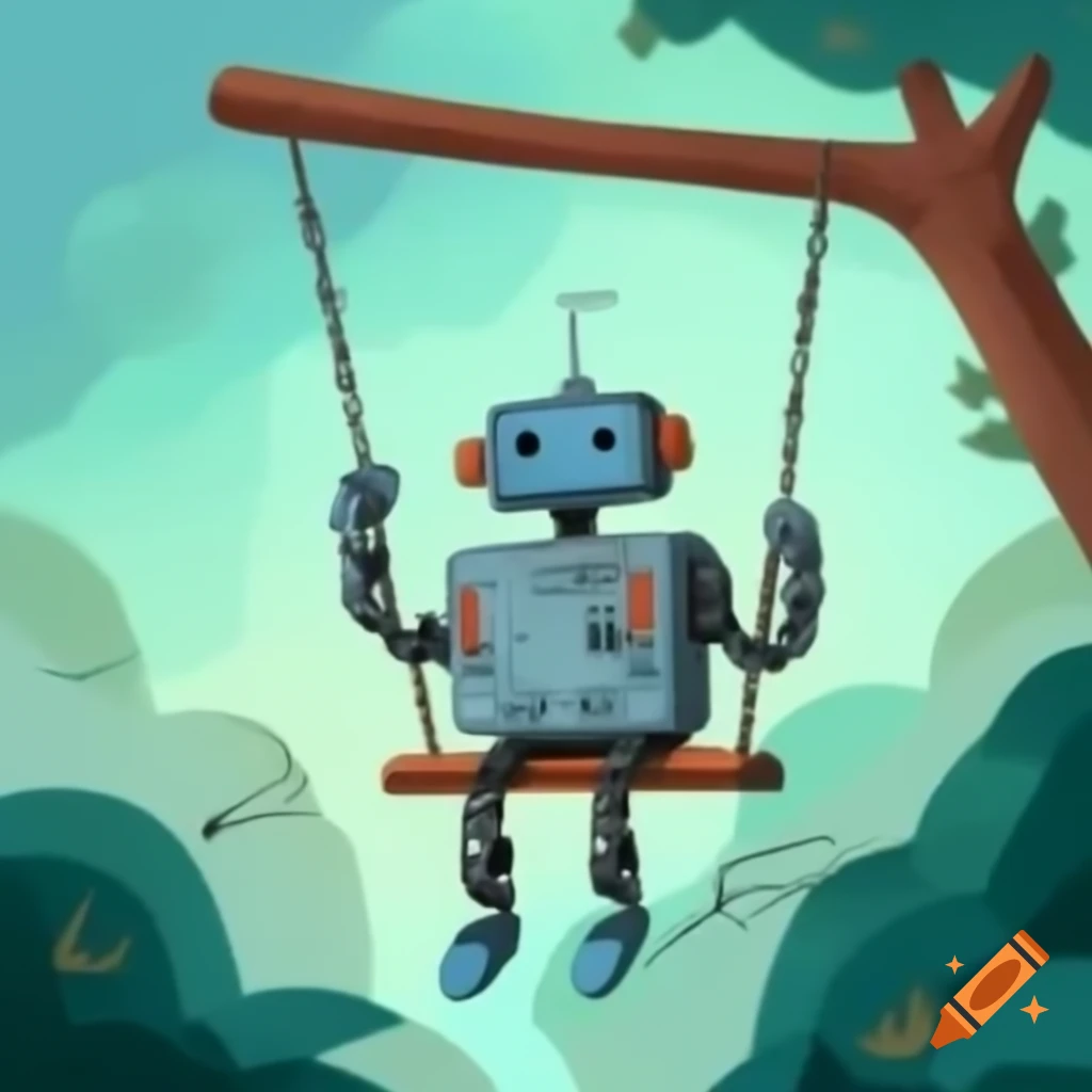 Blueprint drawing of a robot on a swing