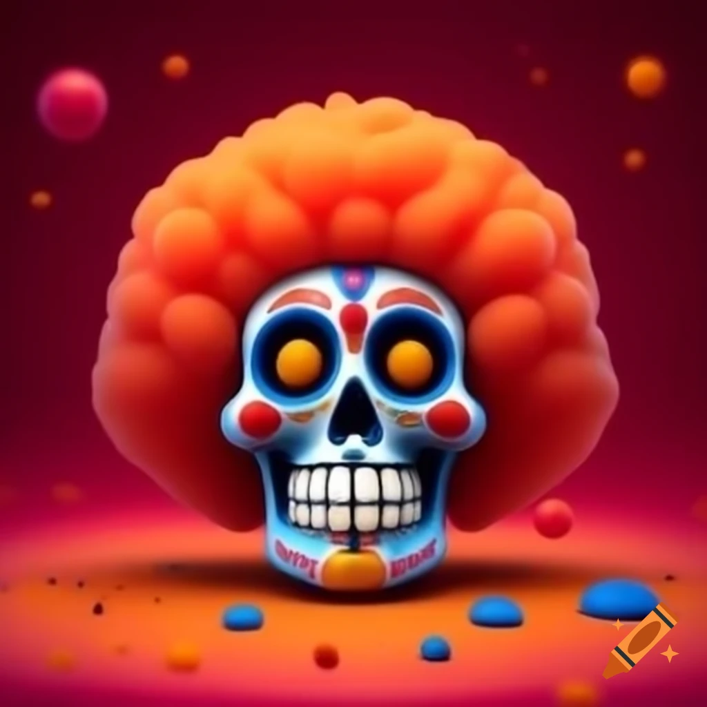 Colorful Día de Muertos sugar skull with clown features and large orange afro