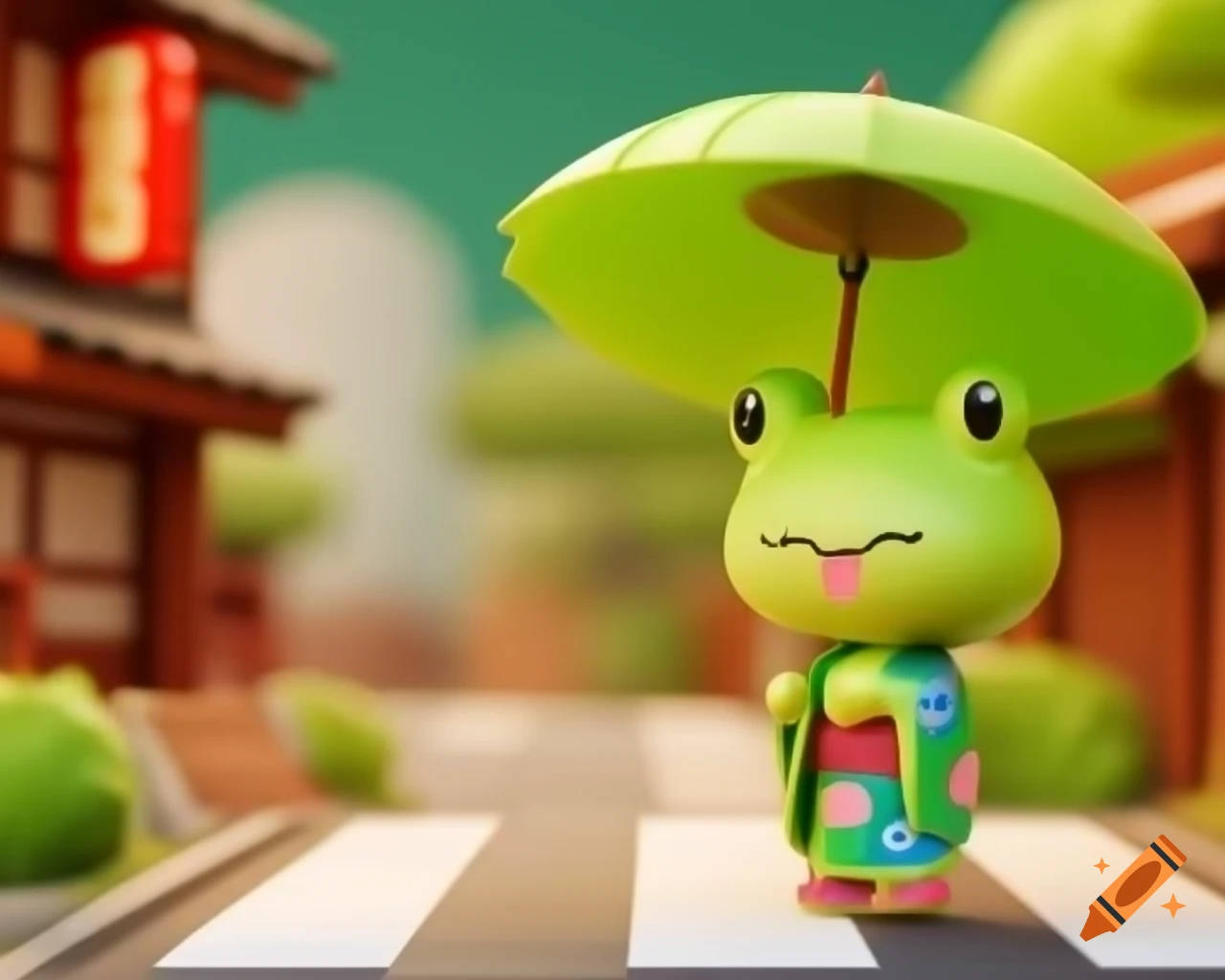 Cheerful Frog In Kimono Holding Umbrella On Japanese Street 3d Render cheerful-frog-in-kimono-holding-umbrella-on-japanese-street-3d-render