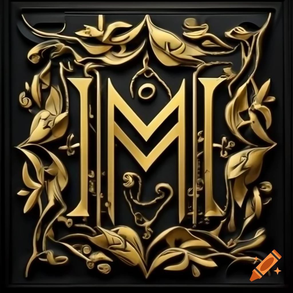 Medieval calligraphy letter M in gold leaf and black ink