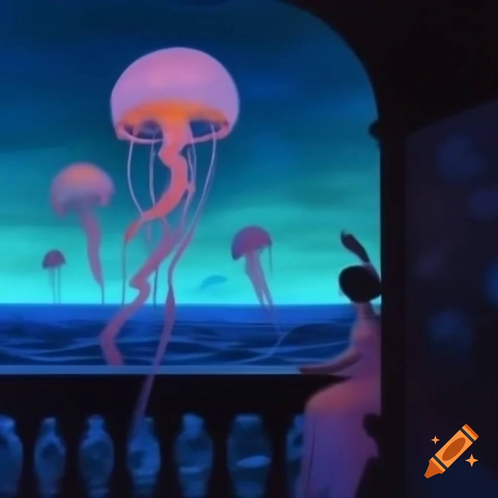 Person on balcony gazing at surreal sea with glowing jellyfish