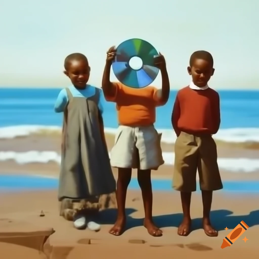 Three children playing by the seaside with a CD
