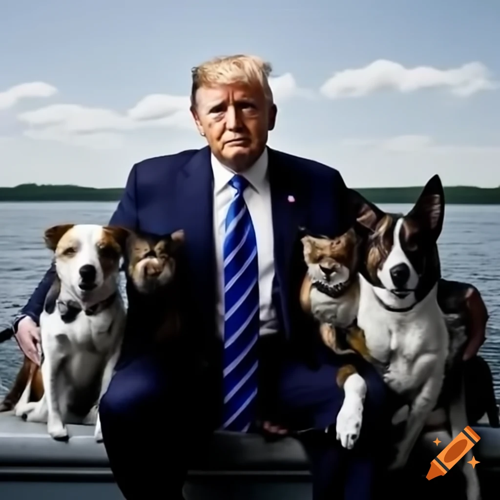 Donald Trump on a boat with dogs and cats, Springfield, Ohio in the background