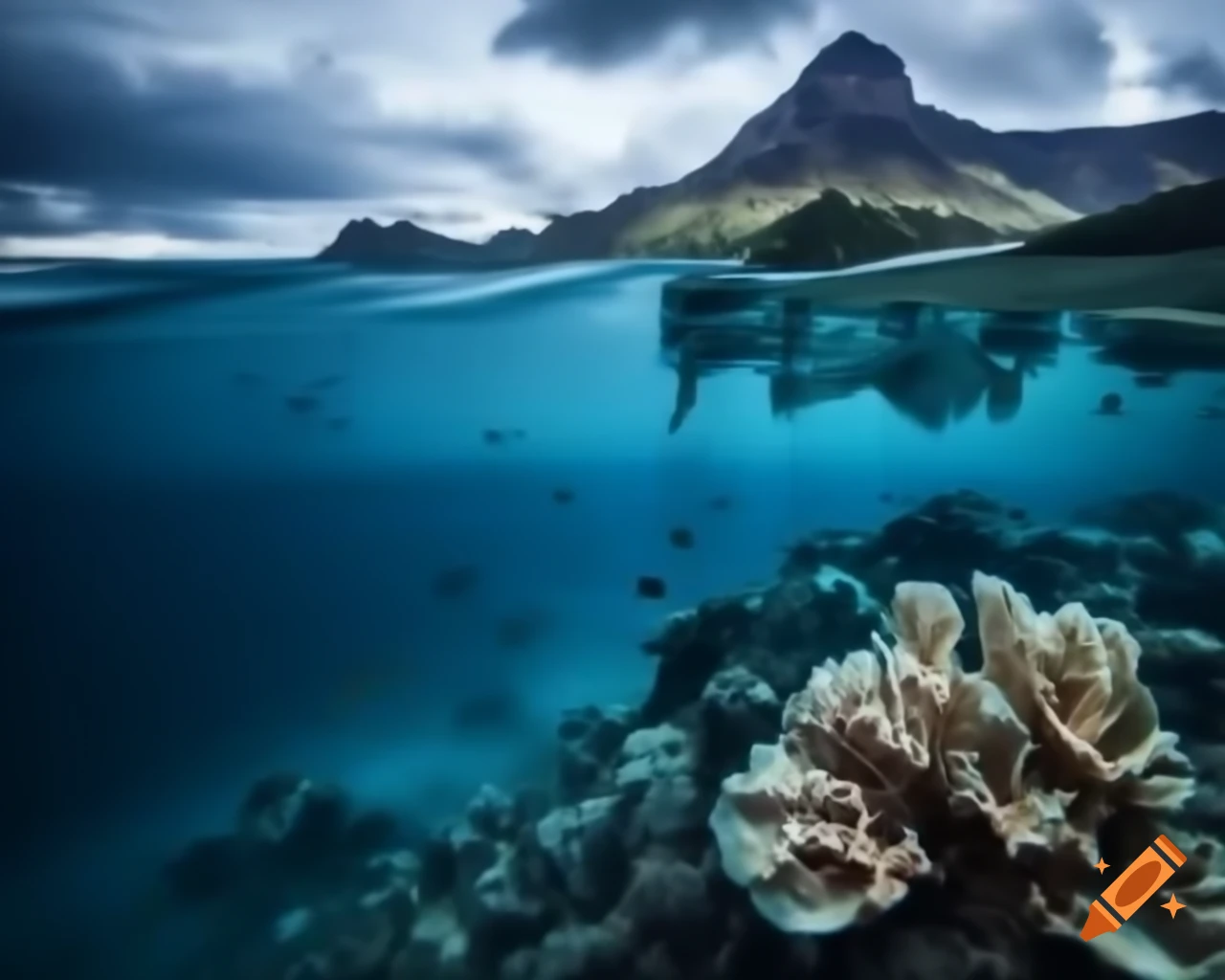Mystical saltwater mountain lake in ocean, clear waters with colorful fish and coral