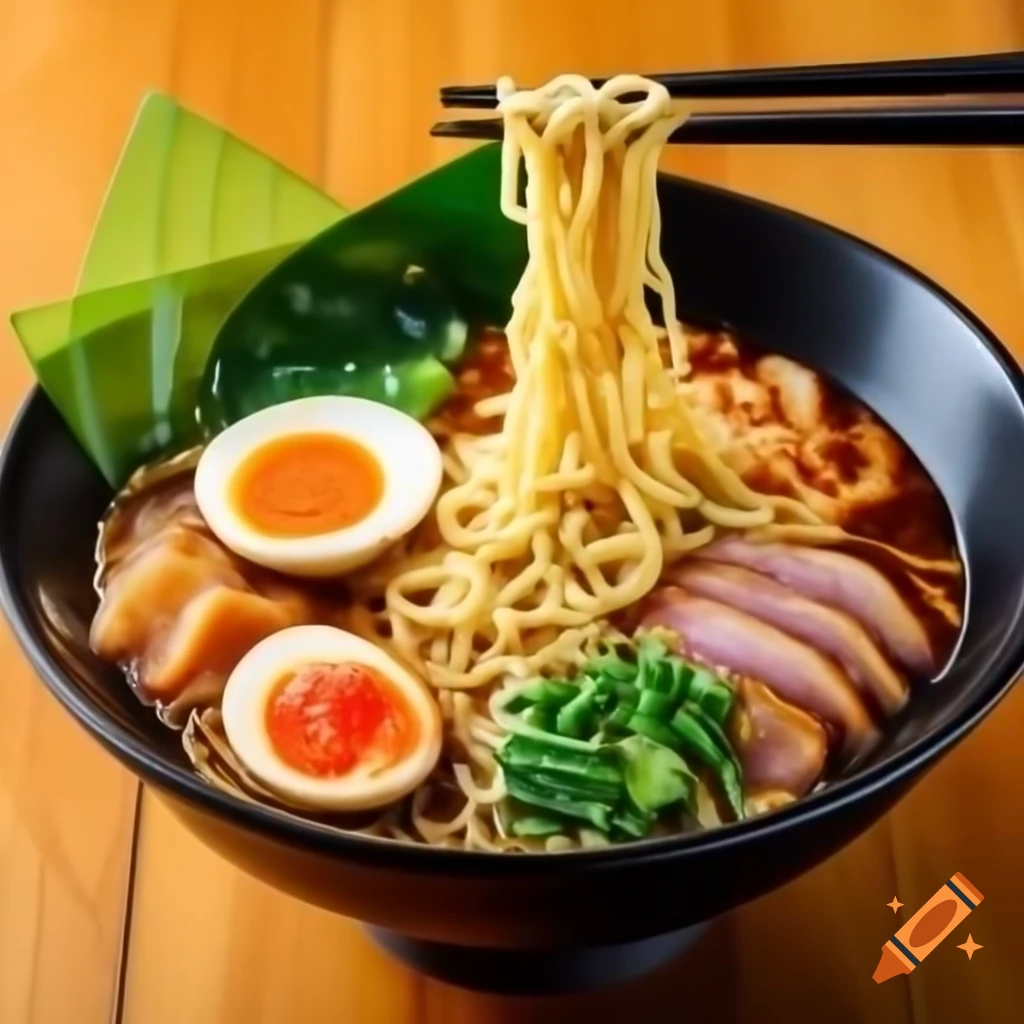 Delicious bowl of ramen noodles garnished with vegetables and meat