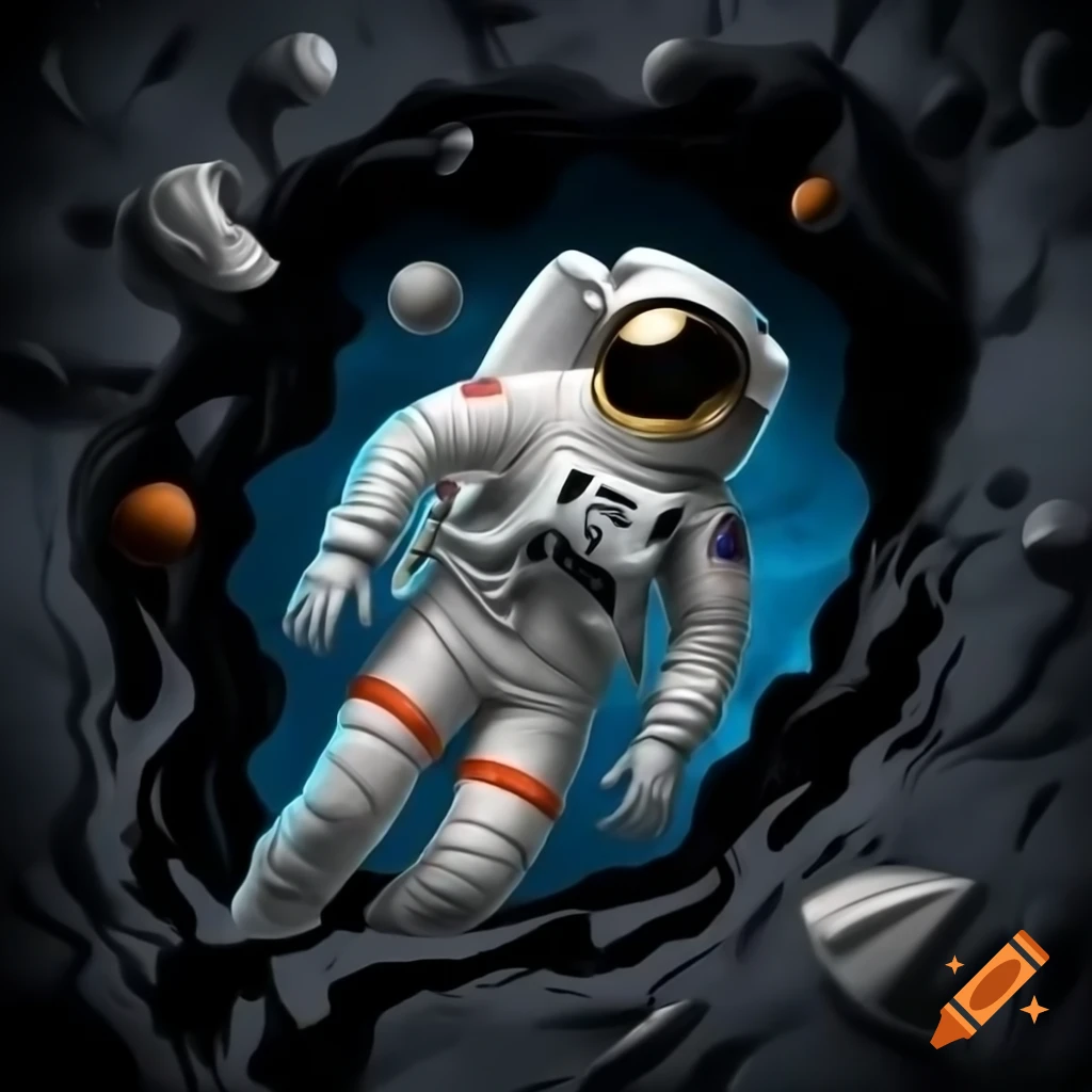 Astronaut drifting towards black hole with spaceship debris