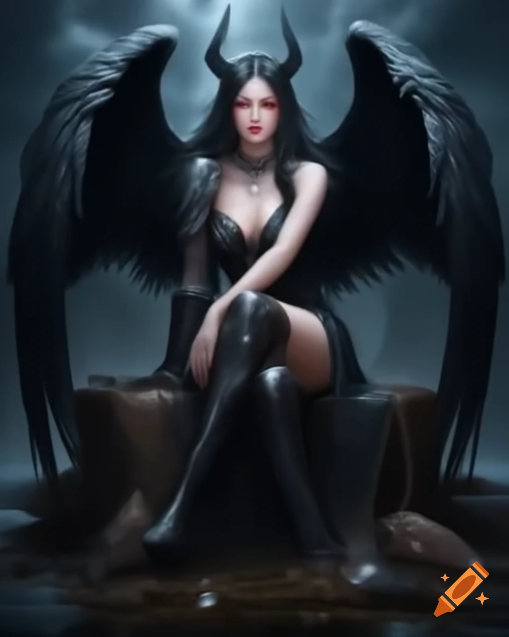 Fallen angel with black wings and red eyes in rainy weather