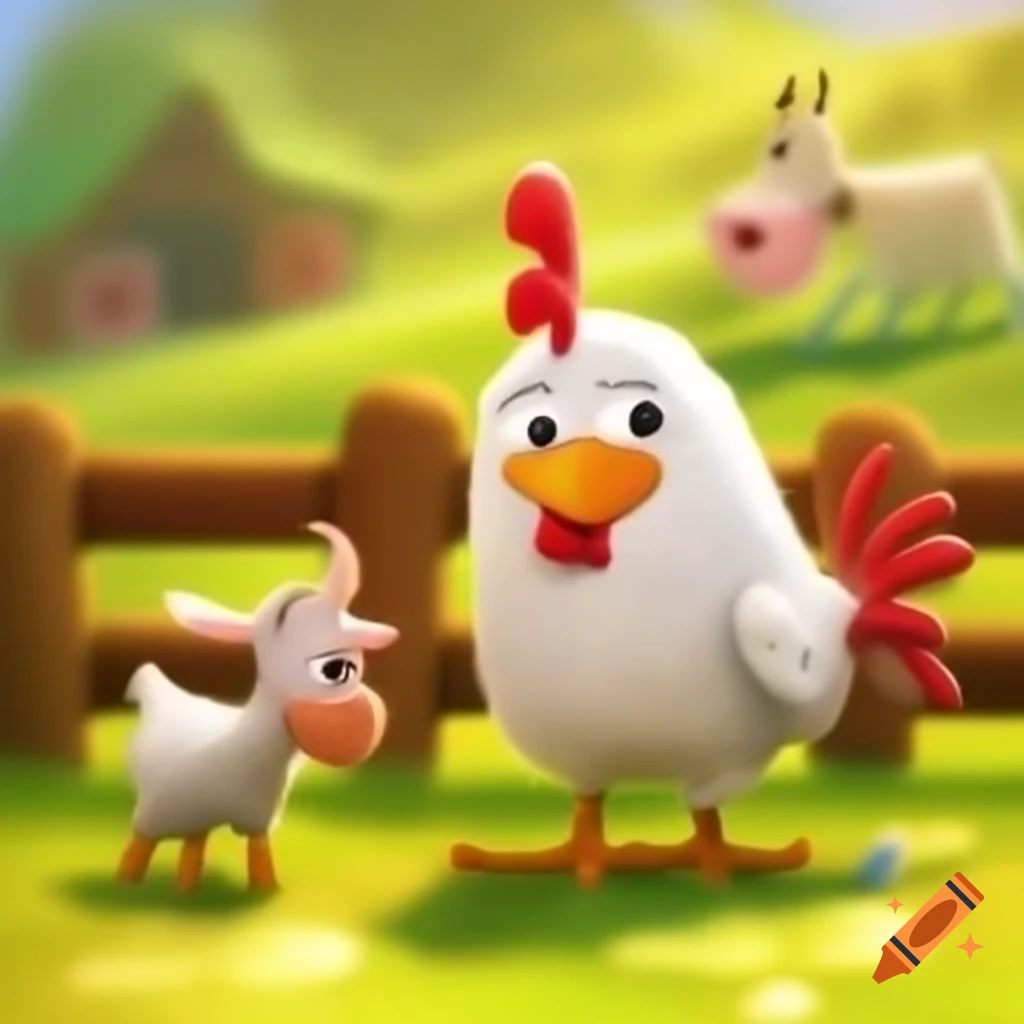 Playful barnyard scene with chicken, cat, and goat