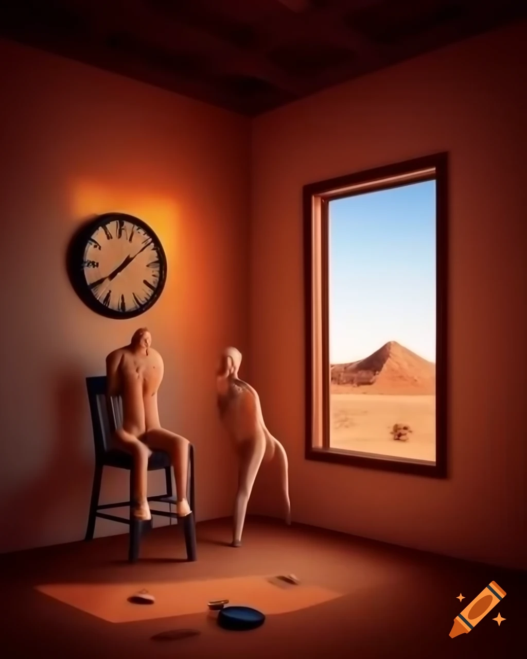 Surrealist interior with clock, mannequin, orange light from ceiling window, and desert view