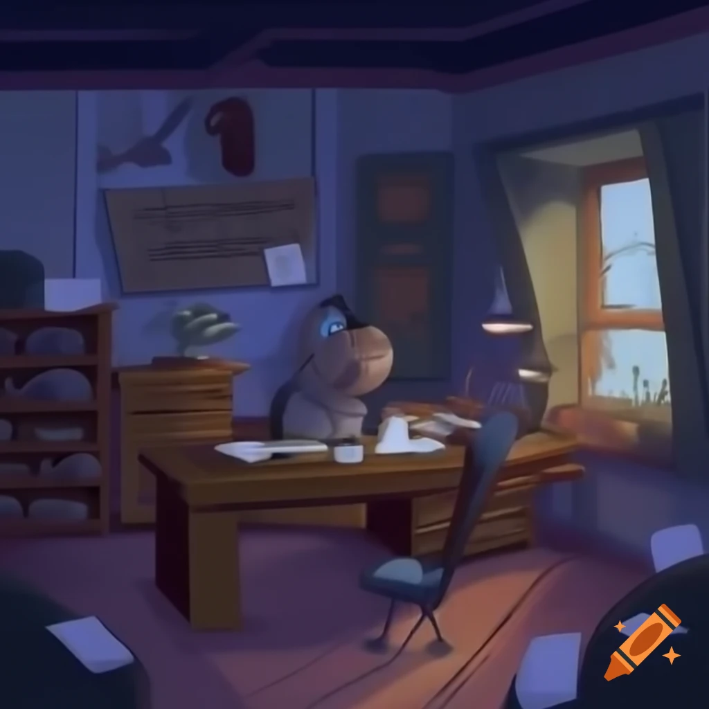 Cozy warmly lit room with wooden desk, vintage typewriter, and steaming cup of coffee