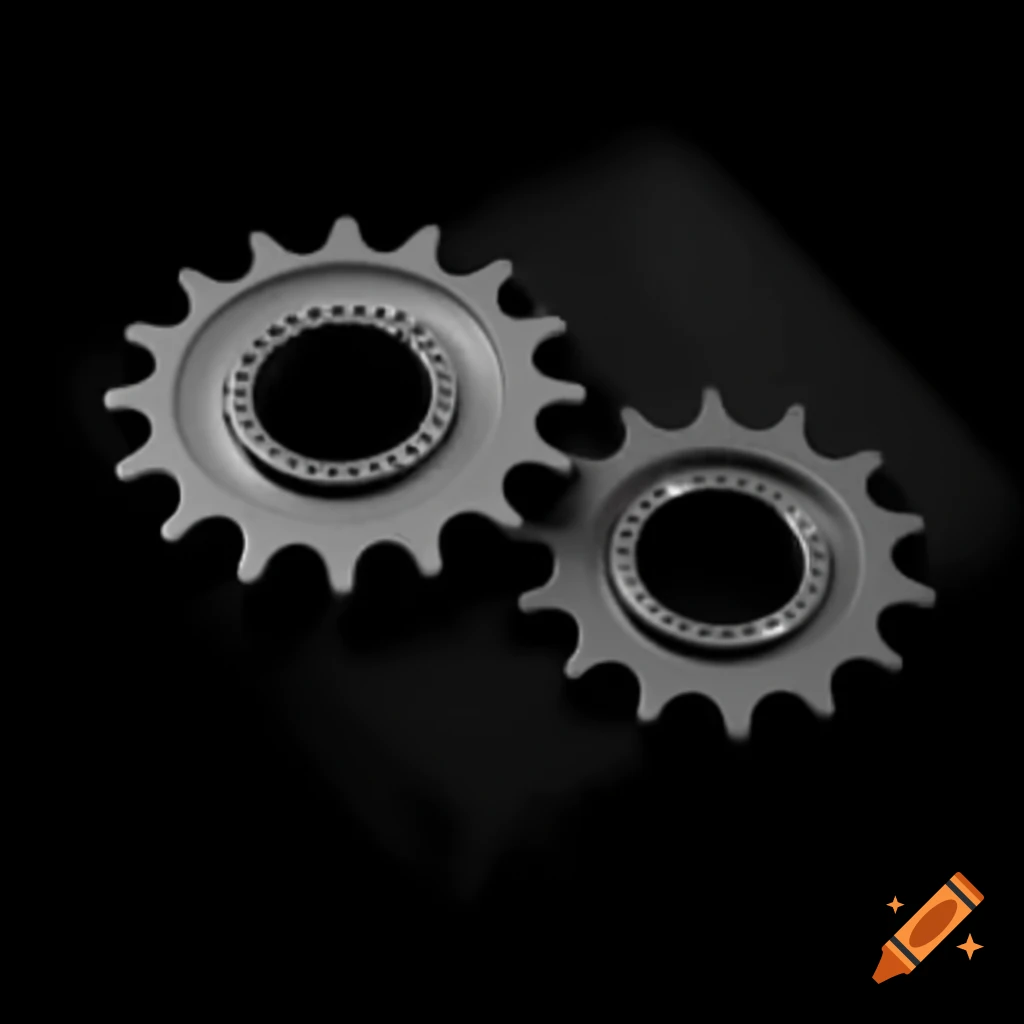 Stylized gothic gears, one large and one smaller, in motion