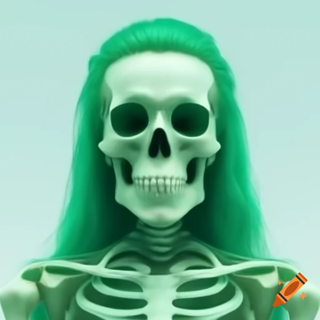 Green mint themed skeleton man with long hair against bright white background