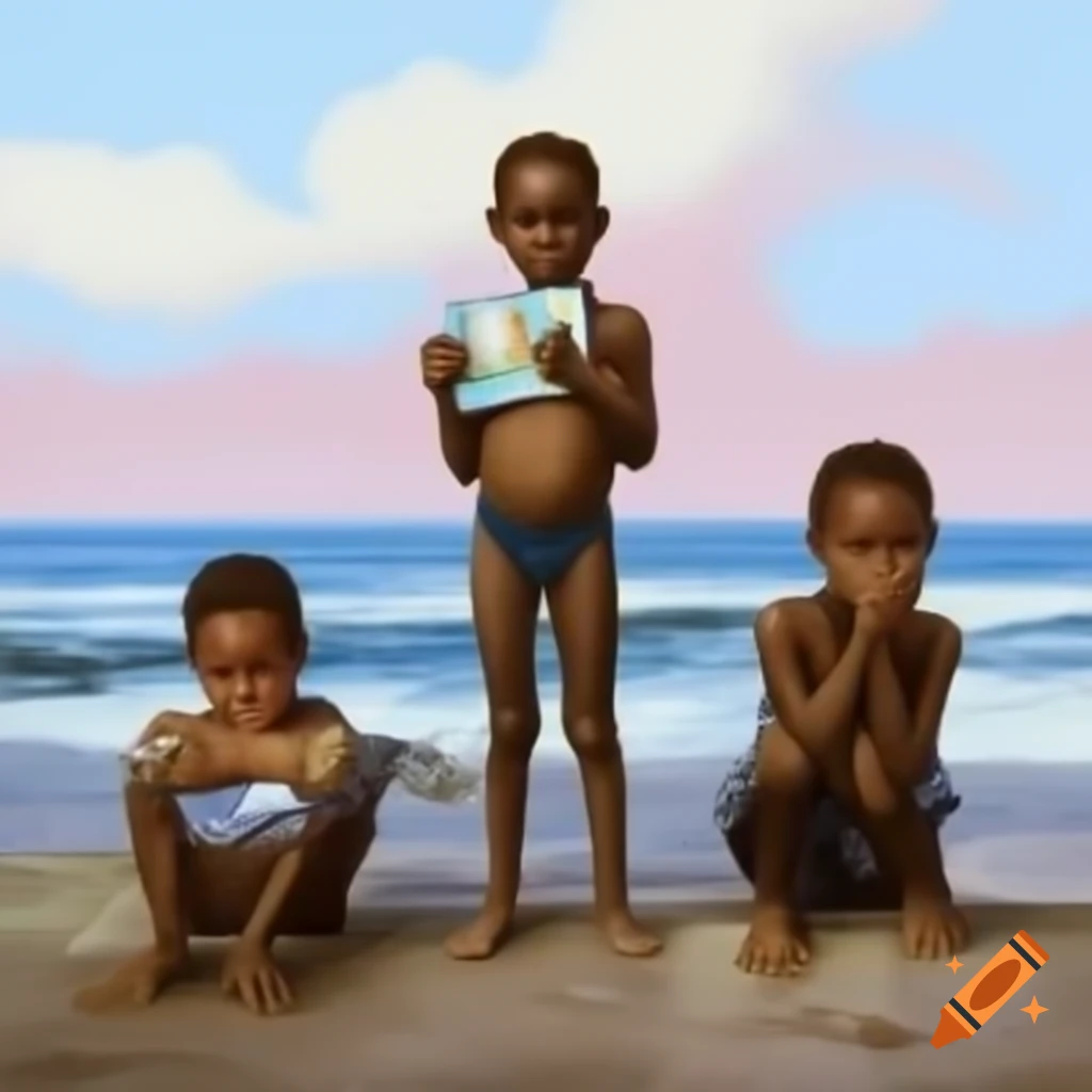 Three children playing by the seaside with a CD