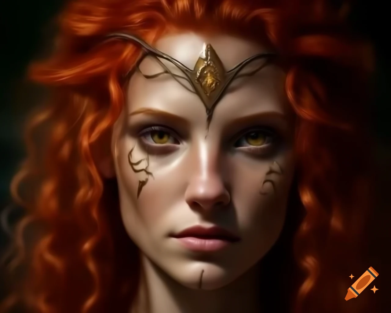 Close up of a woman with red curly hair in digital art, celtic druid theme